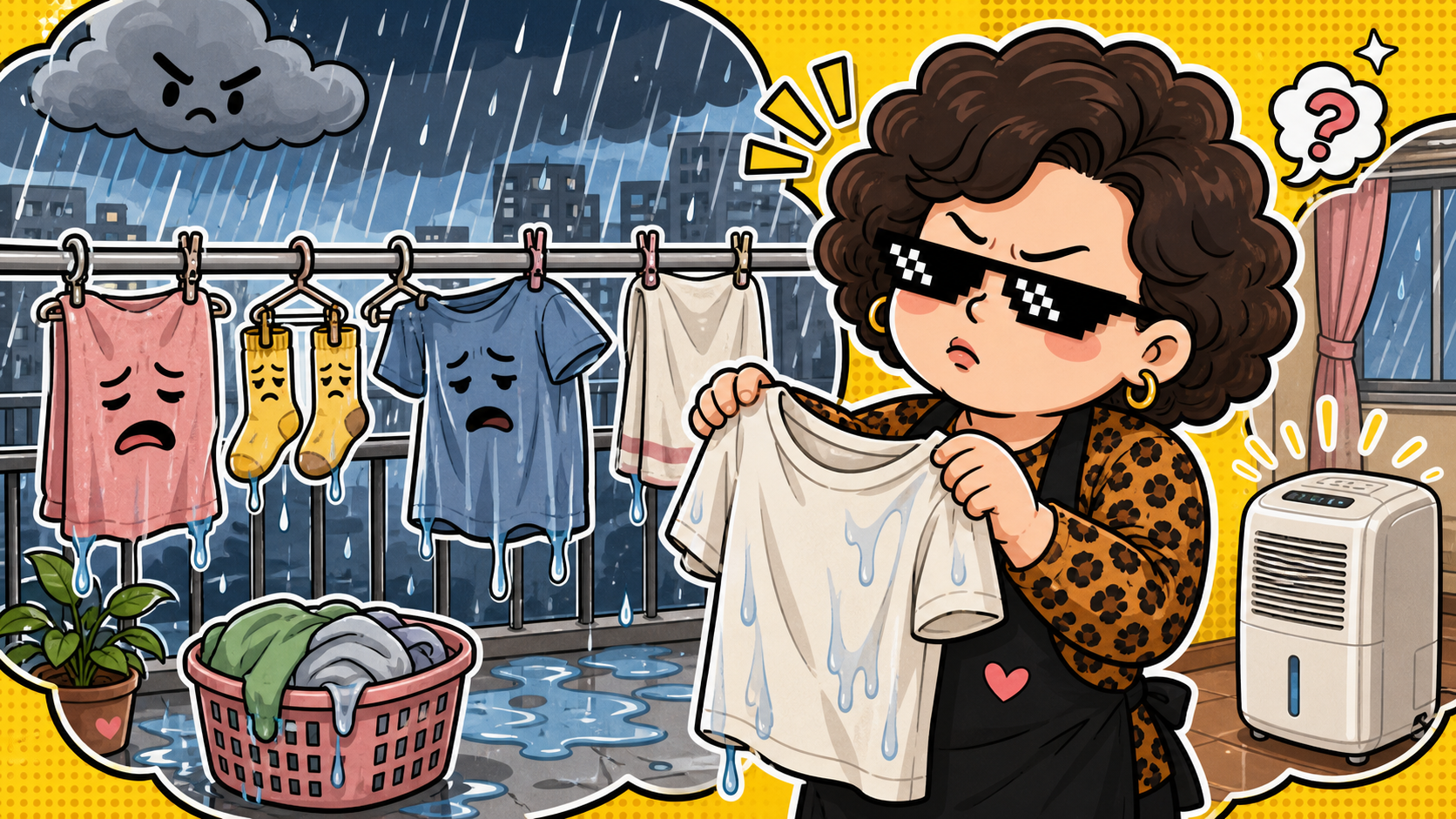 阿姨拿著潮濕衣服看著梅雨陽台的漫畫插圖